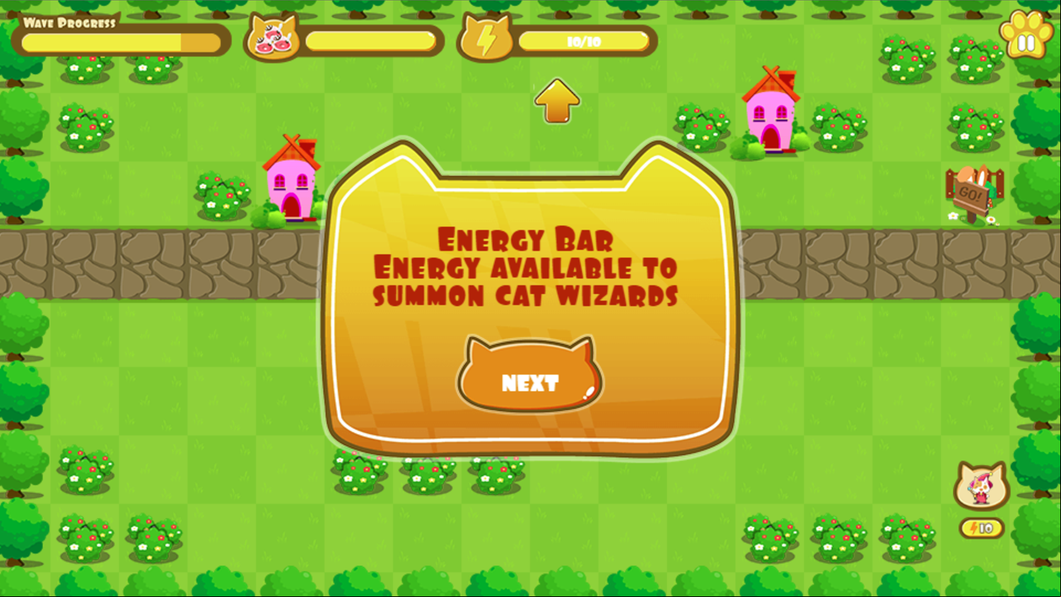 Cat Wizard Defense Game Energy Bar Instructions Screen Screenshot.