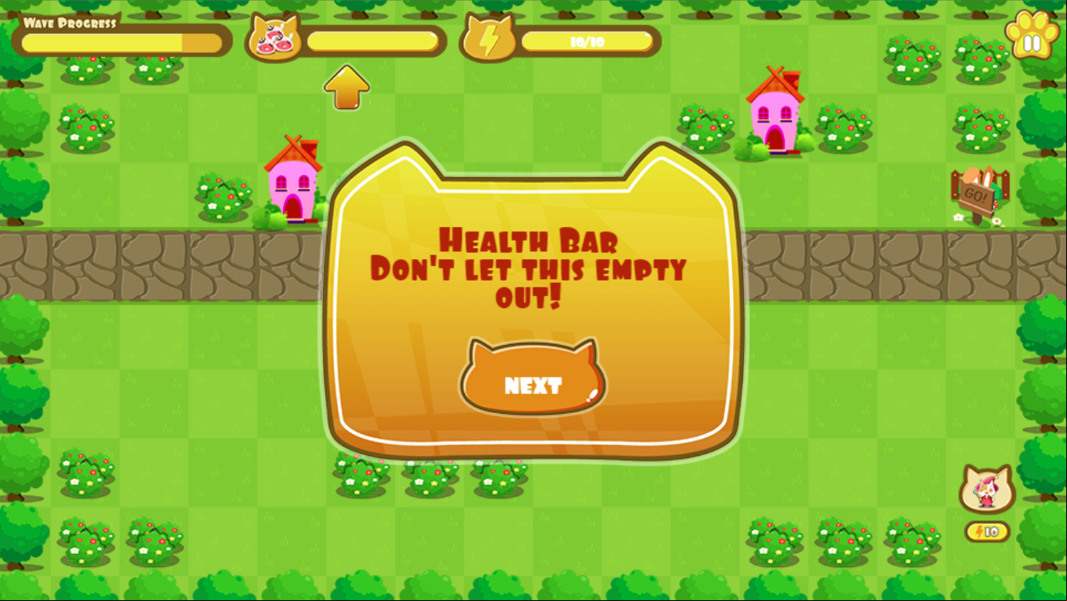Cat Wizard Defense Game Health Bar Instructions Screen Screenshot.