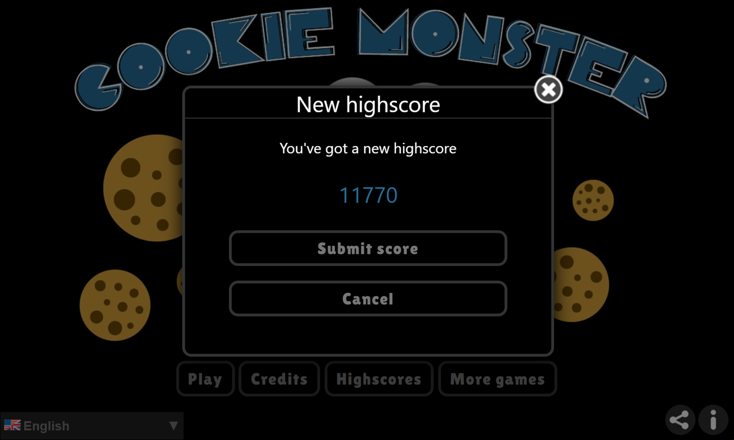 Cookie Monster Game New Highscore Screenshot.
