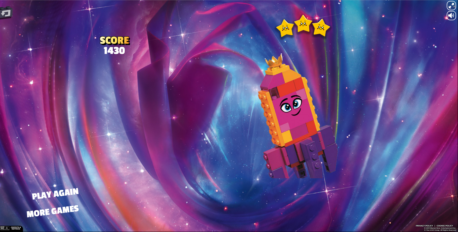 LEGO Movie 2 Queen Watevra Wa'nabi Match Game Over Screen Screenshot.