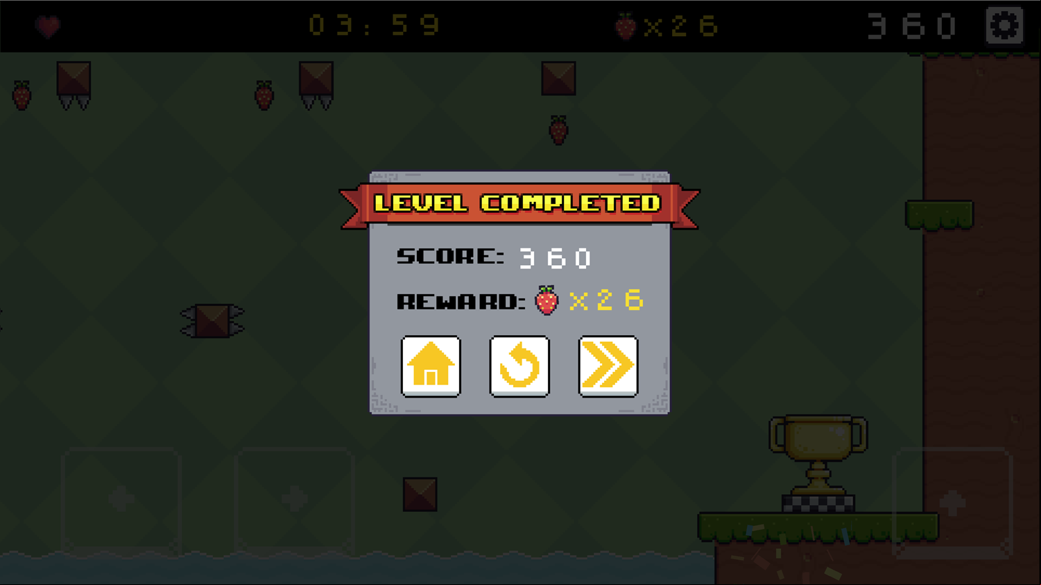 Super Pixel Game Level Complete Screen Screenshot.